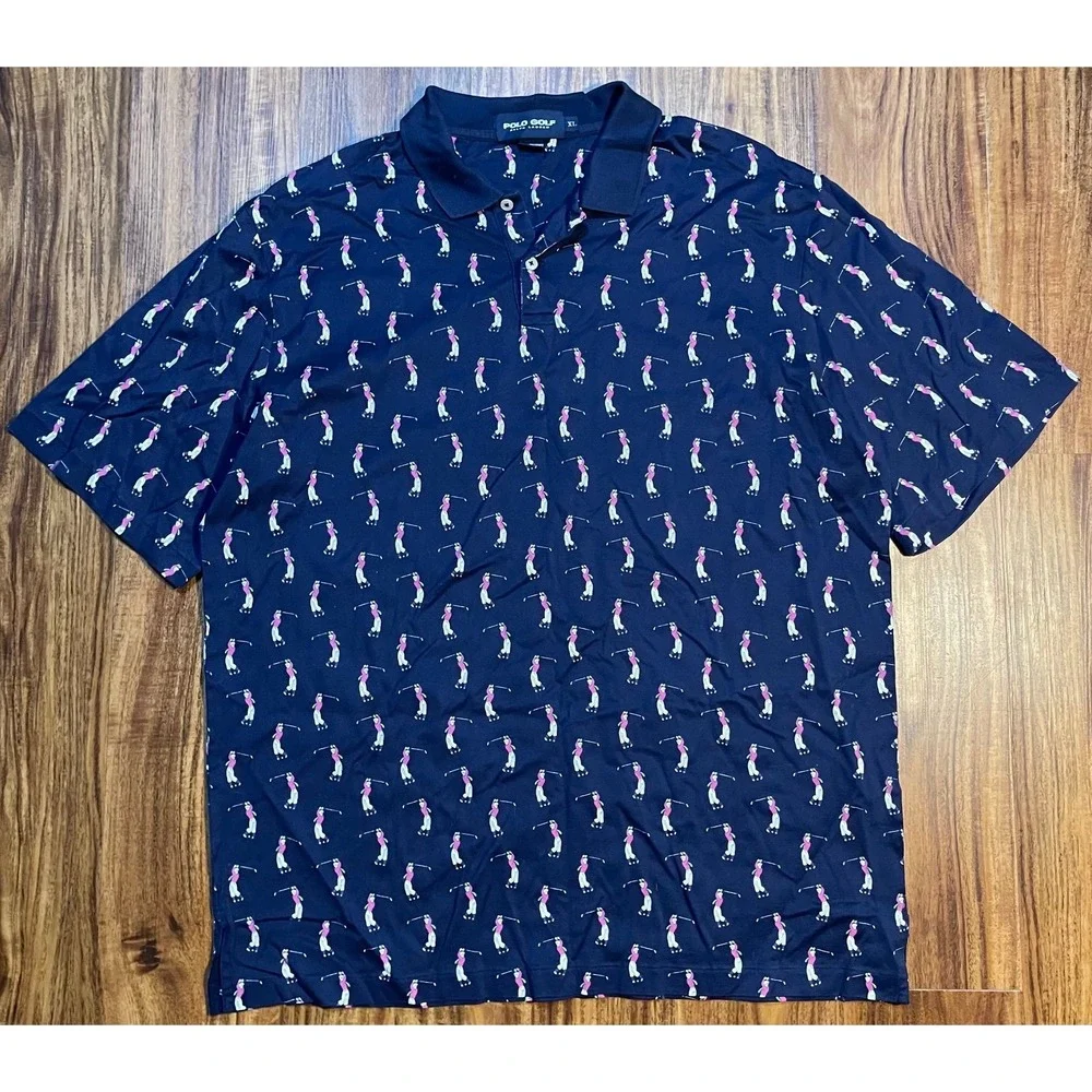 Polo Golf Ralph Lauren Shirt Men's XL Navy Blue All Over Golfer‎ Print